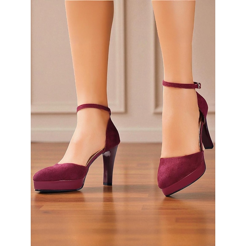 Women's Burgundy 1950s Suede Platform Ankle Strap High Heel Pumps – Elegant Party & Wedding Dress Shoes for Ladies2