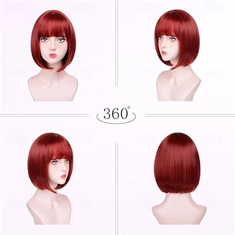 Red Bob Wigs for White Women - 12'' Short Bob Wigs With Bangs Natural Fashion Synthetic Wig Colorful Synthetic Hair for Daily Cosplay Halloween3