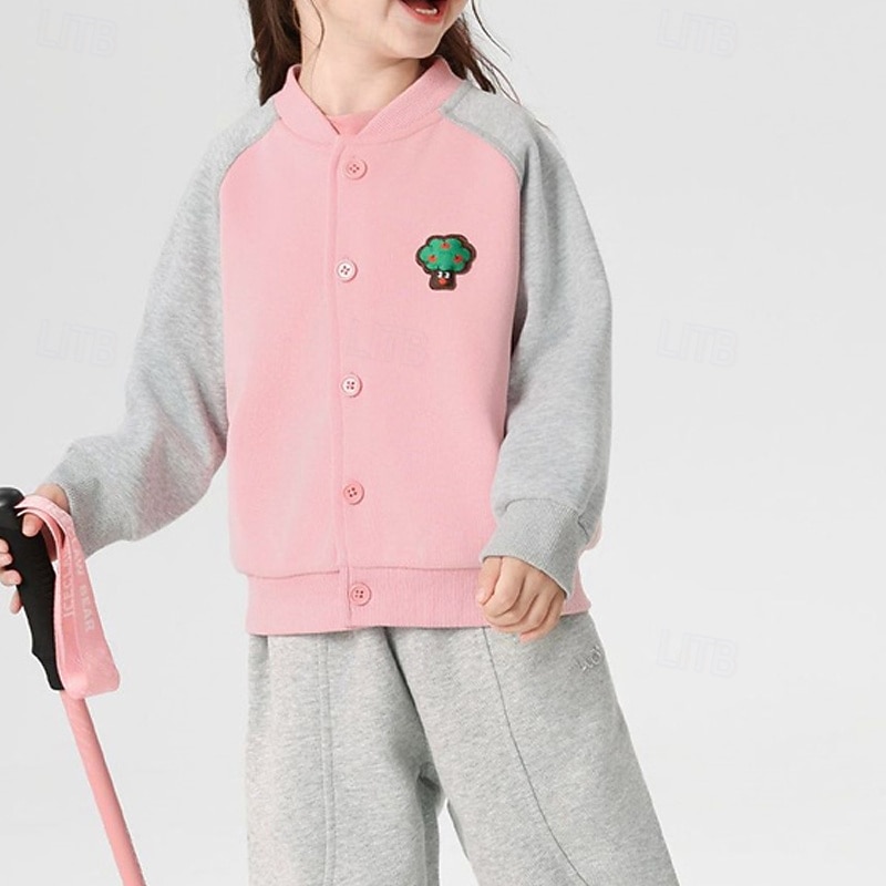 Kids Girls' Baseball Jacket Solid Color Cool Buttons School Cotton Coat Outerwear 4 years+ Fall Pink3
