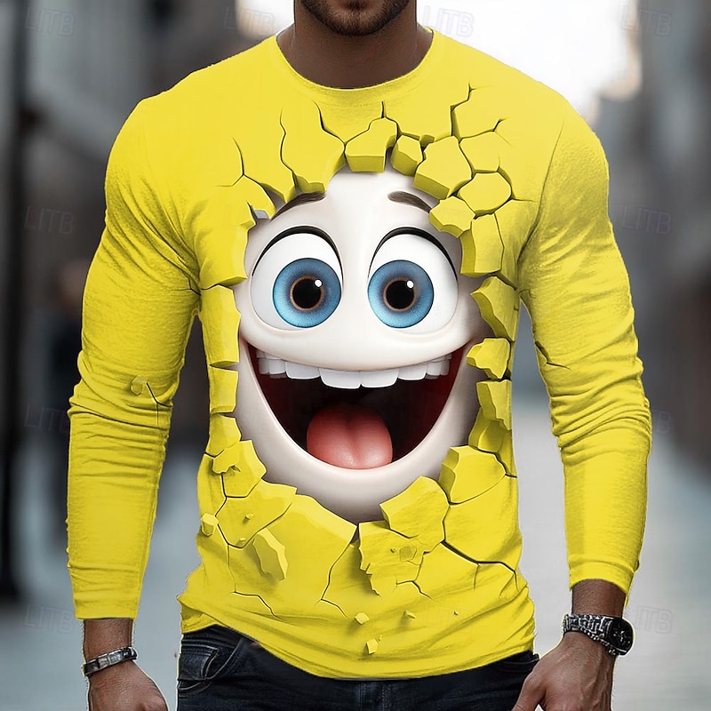 Men's 3D Funny Emotes T Shirt Long Sleeve T shirt 3D Print Crew Neck Shirt Fashion Exaggerated Street Daily Black Yellow Blue Summer Spring Fall Clothing Apparel S M L XL XXL XXXL