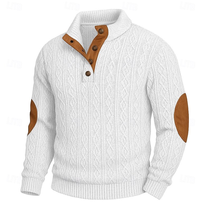 Men's Turtleneck Sweater Pullover Sweater Jumper Patch Sweater Ribbed Knit Regular Tops Knitted Ribbed Color Block Standing Collar Daily Keep Warm Casual Daily Wear Clothing Apparel Fall Winter White4
