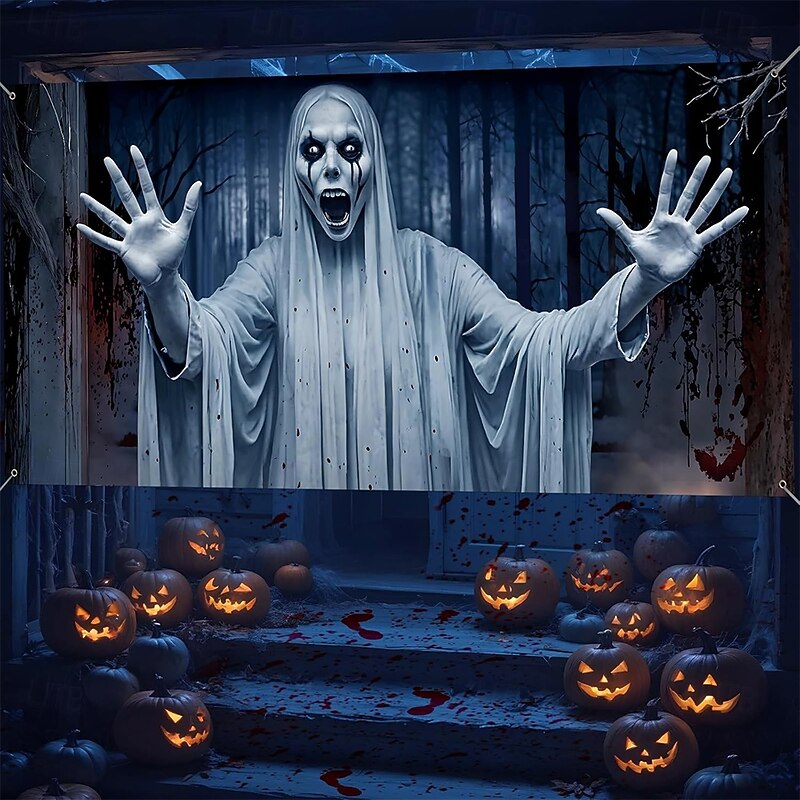 Halloween Tapestry Garage Door Cover Large Hanging Backdrop Boo 3D Dark Punk Gothic Style Party Outdoor Shooting Backgrounds Yard Haunted House Home Decor3