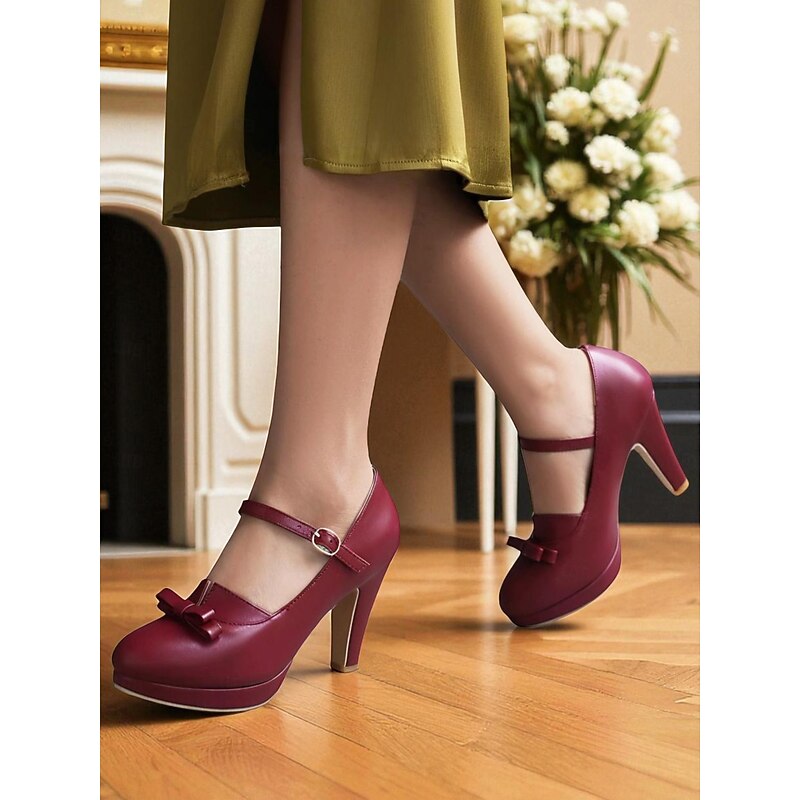 Women's Black Platform Mary Jane Heels with Bow – 1950s Vintage Round Toe Strap Pumps for Gatsby Parties, Christmas and Vintage-Inspired Looks4