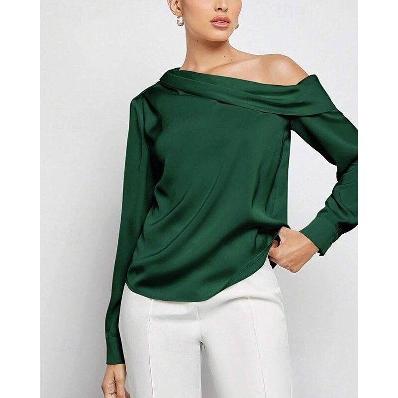 Women's Shirt Elegant Dressy Satin Solid Color Stylish Casual Long Sleeve Cold Shoulder Regular Tops Daily Going out Asymmetric Black Pink Blue Green Apricot Spring Fall4