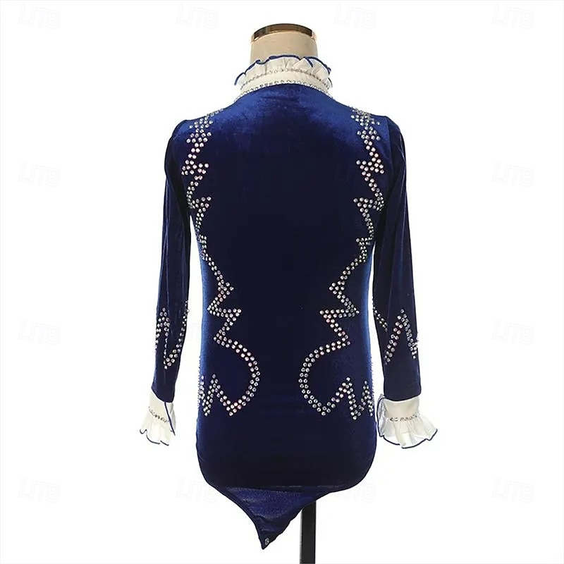 Figure Skating Top Men's Boys' Ice Skating Tops Blue White Patchwork Spandex High Elasticity Training Competition Skating Wear Classic Crystal / Rhinestone Long Sleeve Ice Skating Figure Skating3