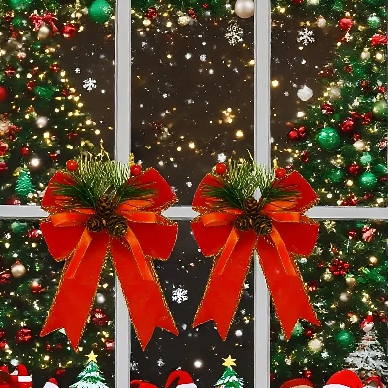 6/12Pcs Large Christmas Tree Bow Ornaments, DIY Velvet Ribbon with Trim, Xmas Tree Topper and Hanging Decorations for Holiday Home Décor