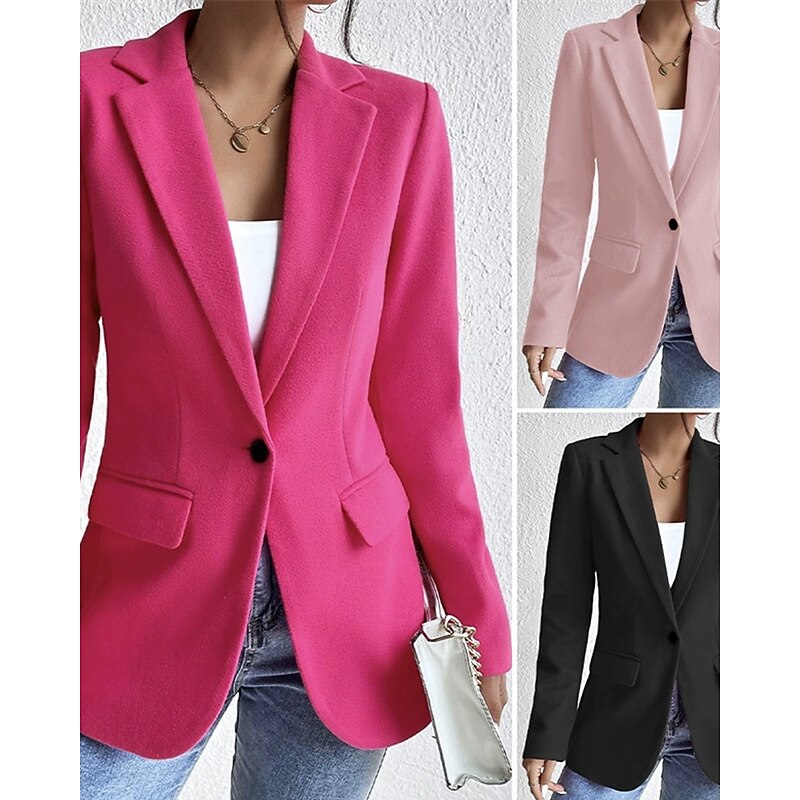 Women's Blazer Comfortable Pocket Buttons Elegant Fashion Outdoor Plain Going out Casual Daily Weekend Single Breasted Regular Lapel Regular Fit Long Sleeve Outerwear Light Pink Black Pink Spring Fall