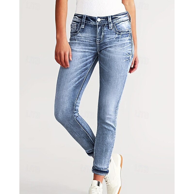 Women's Jeans Chinos Vacation Vintage Streetwear Full Length Medium Waist Plain Embroidered Pocket Elastic Waist Comfortable Micro-elastic Vacation Street Daily Dark Blue Light Blue Fall Winter Slim