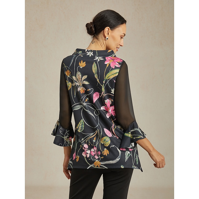 Women's Blouse Black Floral Print Stretch Chiffon Sleeves Bateau Neckline Casual Daily Spring Summer Fall2