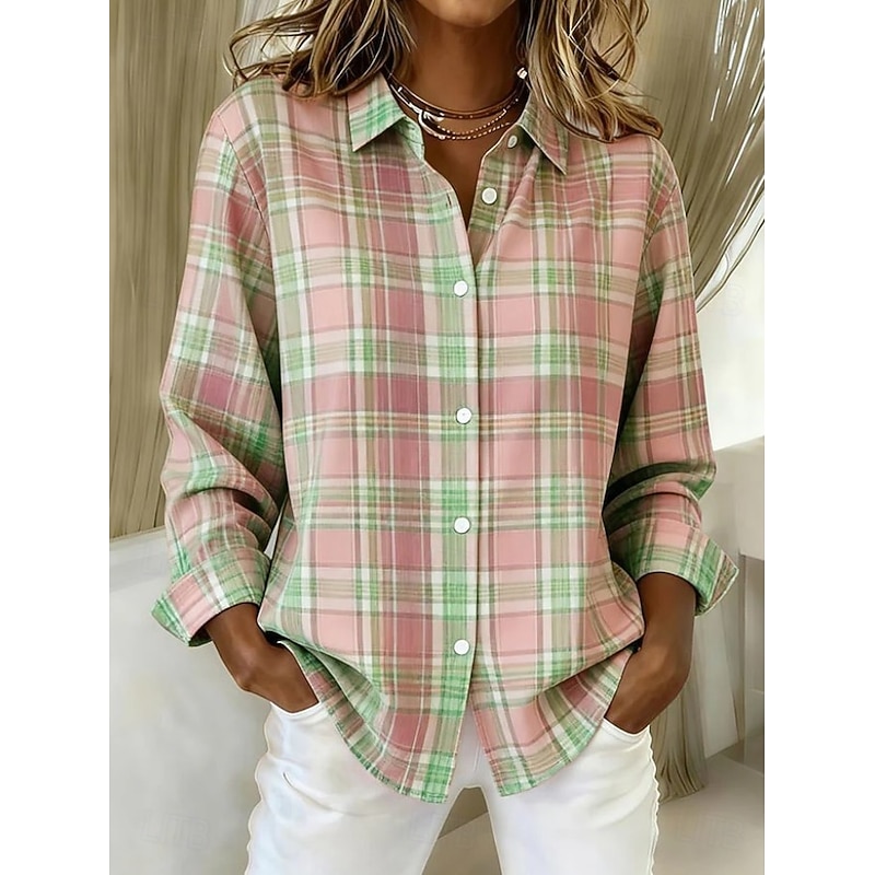Women's Shirt Blouse Plaid Casual Long Sleeve Shirt Collar Regular Tops Daily Patchwork Buttons Print Light Green Pink Red Blue Orange Spring Fall Winter2