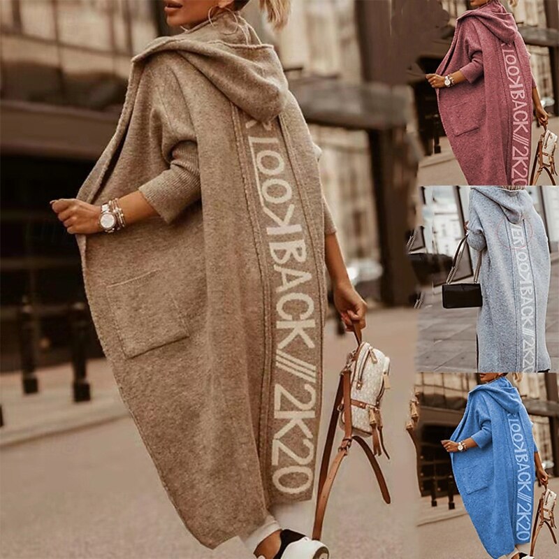 Women's Sweater Cardigan Elegant Fashion Streetwear Letter Hooded Open Front Pocket Knitted Print Long Sleeve Long Tops Knit Outdoor Daily Weekend Pink Khaki Spring Fall