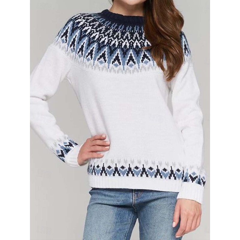 Women's Fair Isle Sweater Pullover Elegant Vintage Streetwear Geometric Ribbed Crew Neck Floral Long Sleeve Regular Tops Knit School Outdoor Home White Red Spring Fall4