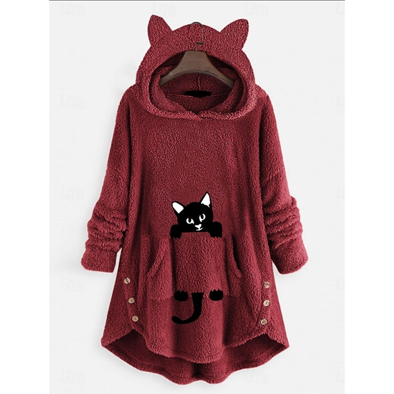 Women's Pullover Hoodie Sweatshirt Cat Casual Long Sleeve Hooded Long Tops Street Dailywear Casual Buttons Print Front Pocket Pink Wine Gray Fall Winter2