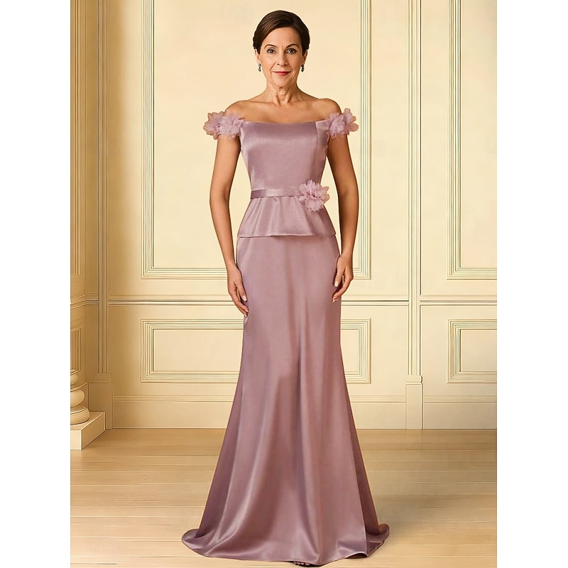 A-Line Mother of the Bride Dress Elegant Off Shoulder Court Train Satin Cap Sleeve with Flower