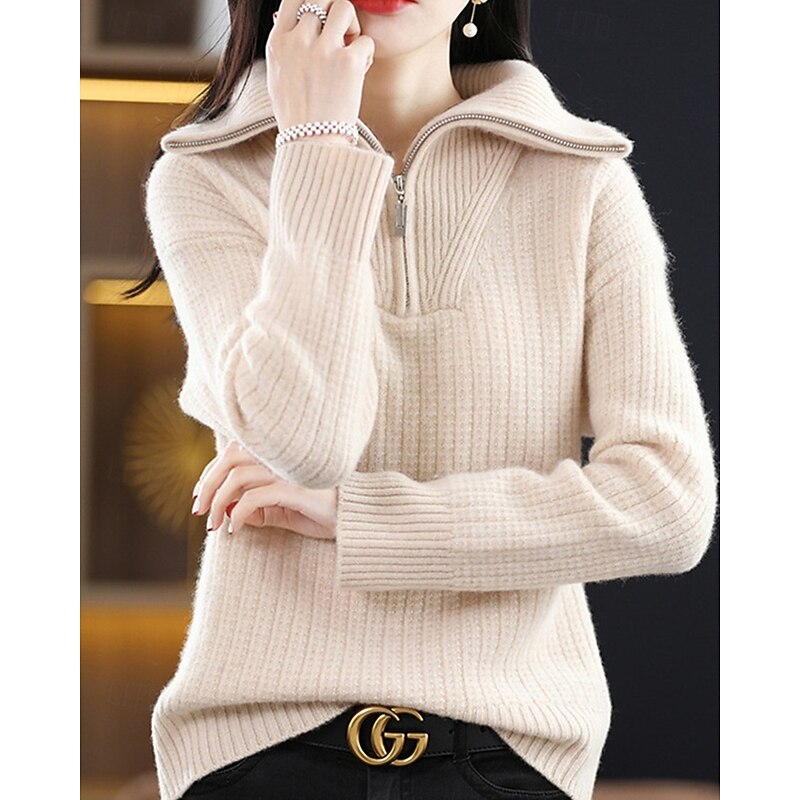 Women's Sweater Pullover Fashion Basic Casual Pure Color Ribbed Half Zip Zipper Knitted Long Sleeve Regular Tops Knit Outdoor Daily Weekend Beige Fall Winter2