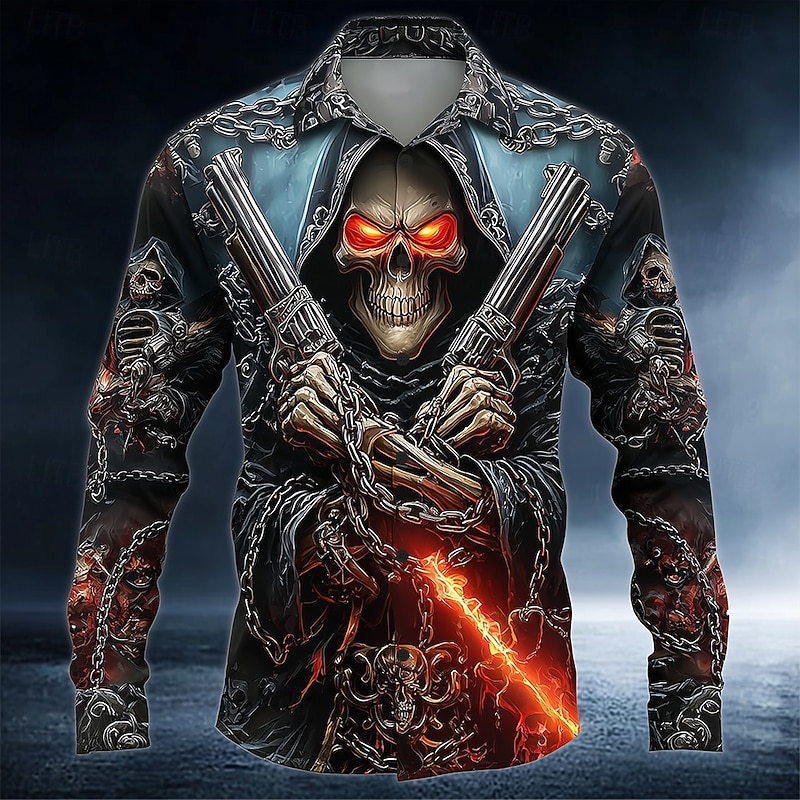 Halloween Men's Grim Reaper Hellfire Flames Shirt Button Up Shirt Long Sleeve Dark Punk Gothic Style Outdoor Holiday Summer Spring Turndown 3D Print Collared Shirts Black 1 Black2