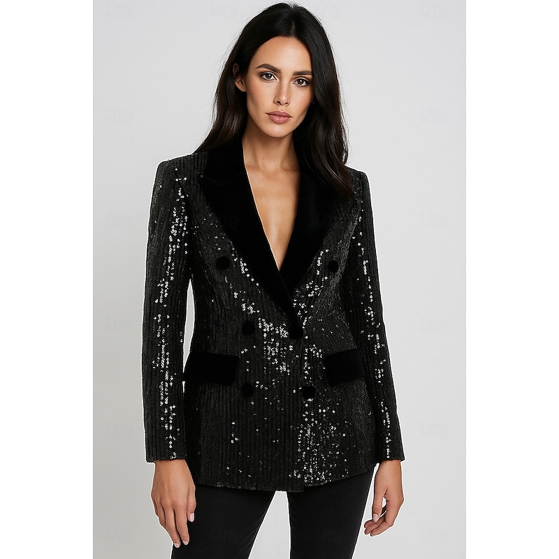 Women's Blazer Sport Coat Formal Wedding Guest Evening Party Sequin Elegant Sparkle Long Sleeve Peak Lapel Double Breasted