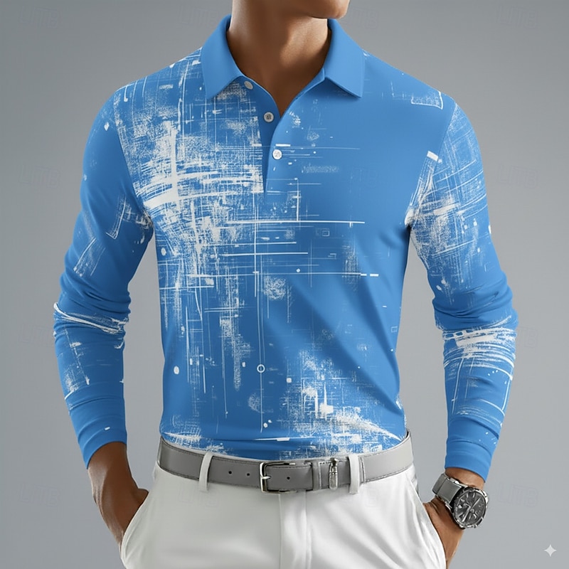 Men's Geometric Abstract Polo Long Sleeve Polo Shirts Lapel Casual Outdoor Street Athleisure Daily Wear 3D Print Buttons Spring Fall Winter White Yellow Blue