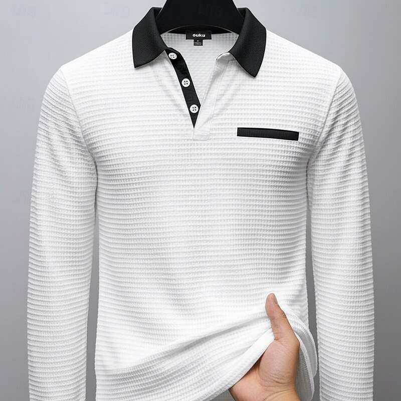 Men's Waffle Polo Shirts Polo Shirts Formal Business Ribbed Polo Collar Long Sleeve Fashion Solid Color Pocket Buttons Spring &  Fall White Blue Gray Waffle Polo Shirts2
