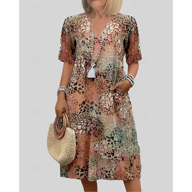 Women's Midi Dress Print Dress Fashion Modern Vacation Going out Regular Fit Graphic Short Sleeve V Neck Red Blue Purple Khaki Spring Fall3