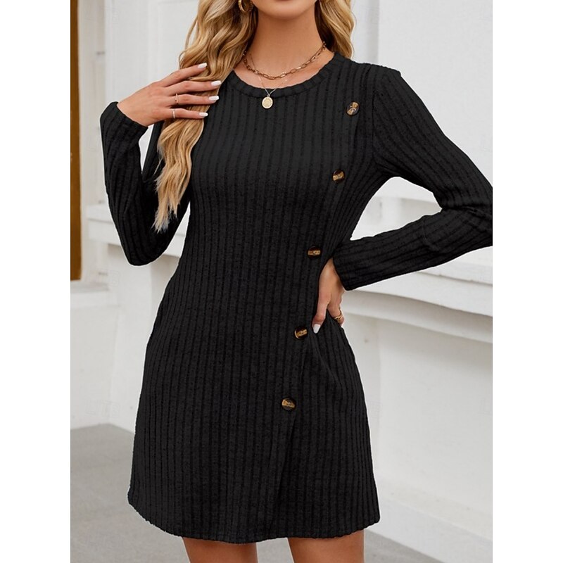 Women's Mini Dress A Line Dress Casual Daily Loose Fit Plain Long Sleeve Crew Neck Black Light Brown Blue Fuchsia Fall Winter4