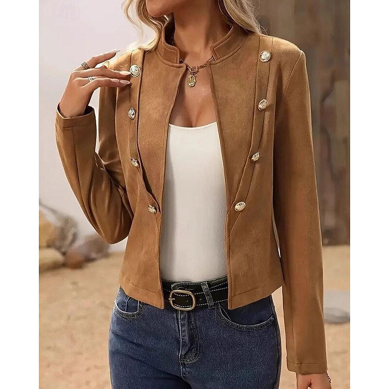 Women's Faux Leather Jacket Warm Comfortable Patchwork Buttons Vintage Casual Plain Vacation Street Casual Daily Wear Short Stand Collar Regular Fit Long Sleeve Outerwear Black Brown Khaki Fall Winter2