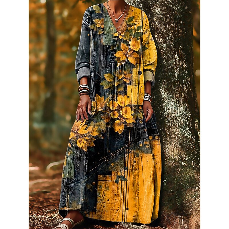 Women's Midi Dress Shift Dress Vacation Casual Boho Going out Beach Loose Fit Floral Graphic Long Sleeve V Neck Yellow Pink Purple Spring Fall Winter3