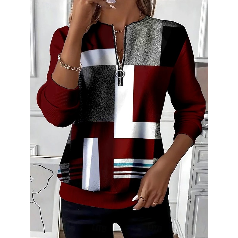 Women's Pullover Sweatshirt Zip Up Sweatshirts Graphic Geometric Color Block Fashion Casual Long Sleeve Crew Neck Regular Tops Street Dailywear Patchwork Zipper Print Wine Fall Winter - Main Image