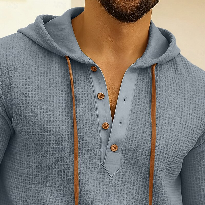 Men's Shirt Summer Shirt Casual Shirt Button Up Shirt Waffle Knit Shirt Blue Green khaki Gray Long Sleeve Plain Hooded Vacation Casual Drawstring Clothing Apparel Fashion Casual Comfortable3