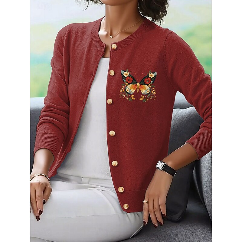 Women's Cardigan Elegant Vintage Daily Graphic Butterfly Ribbed Crew Neck Buttons Knitted Long Sleeve Regular Tops Knit Outdoor Home Work Black Red Spring Fall2