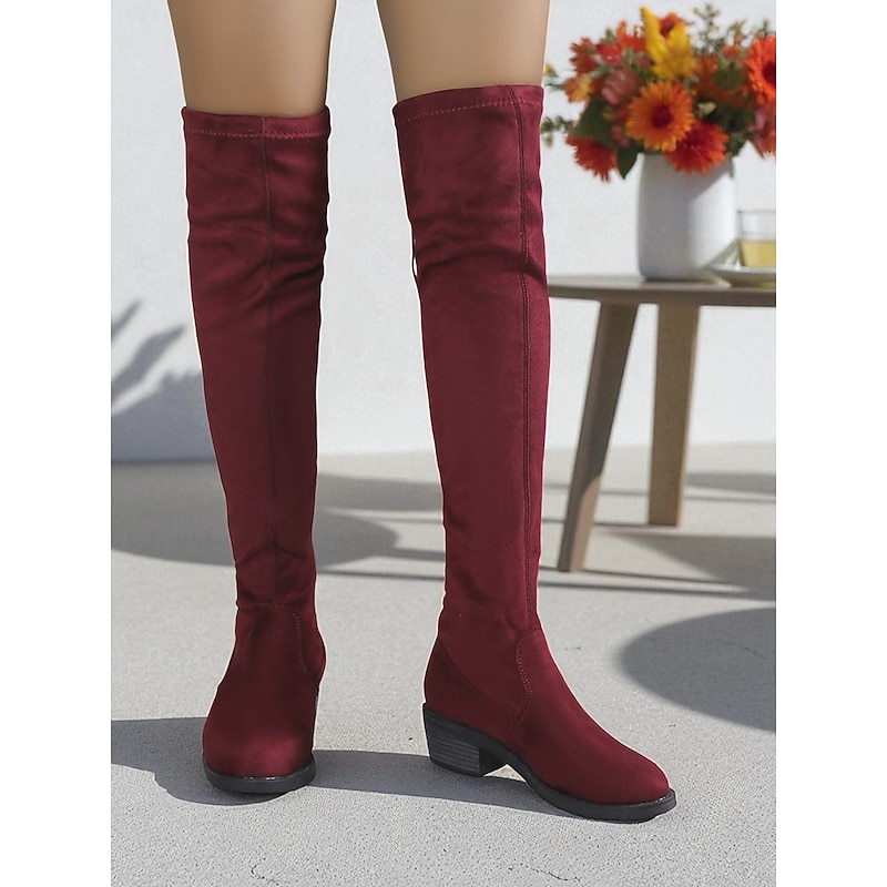Women's Burgundy Over-the-Knee Faux Suede Boots – Stretchy Block Heel Tall Boots for Autumn Winter Fashion and Daily Outfits
