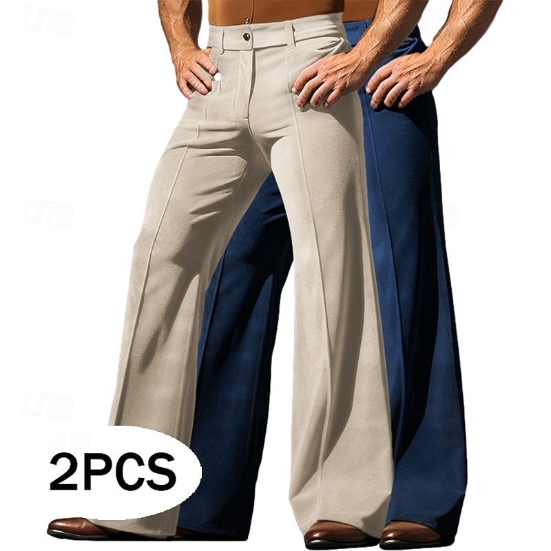 Men's Trousers Dress Pants Bell Bottom Flared Pants Velvet Pants Pocket Plain Comfort Breathable Full Length Outdoor Daily Going out Fashion Ethnic Style beige+khaki Green+Khaki Micro-elastic