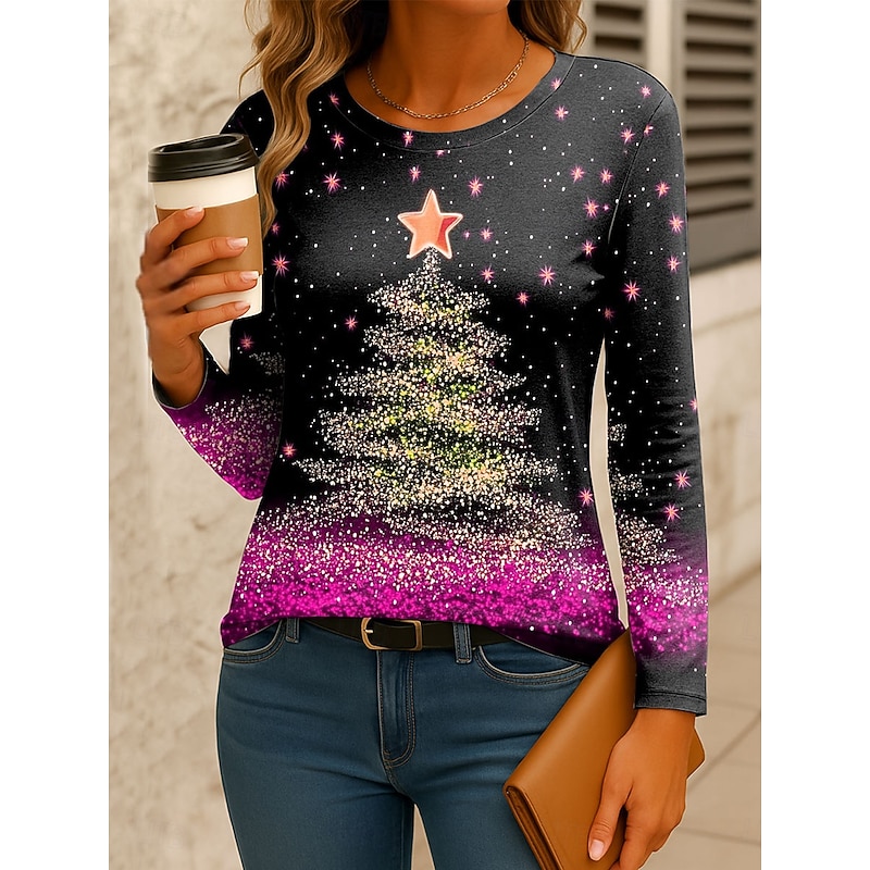Christmas Women's T Shirt Graphic Christmas Tree Vintage Fashion Stylish Long Sleeve Crew Neck Regular Tops Daily Weekend Print Yellow Pink Red Blue Green Spring Fall Winter3