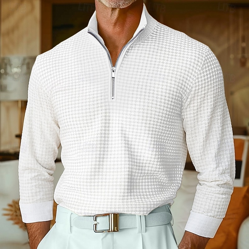Men's Waffle Polo Shirts Golf Shirt Street Casual Lapel Long Sleeve Basic Modern Geometric Plain Zip Up Spring Fall All Seasons Regular Fit White Yellow Blue Grey Waffle Polo Shirts