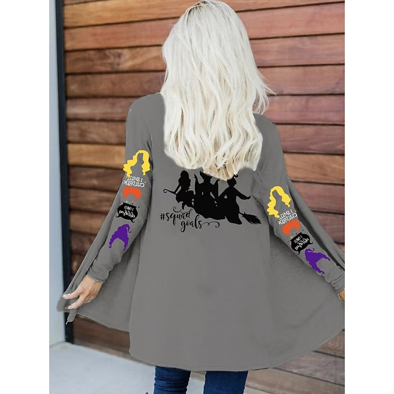 Halloween  Women's Winter Coat Trench Coat Lightweight Comfortable Witch Print Open Front Vintage Fashion Casual Vacation Casual Long Collarless Loose Fit Long Sleeve Outerwear Black White Red2