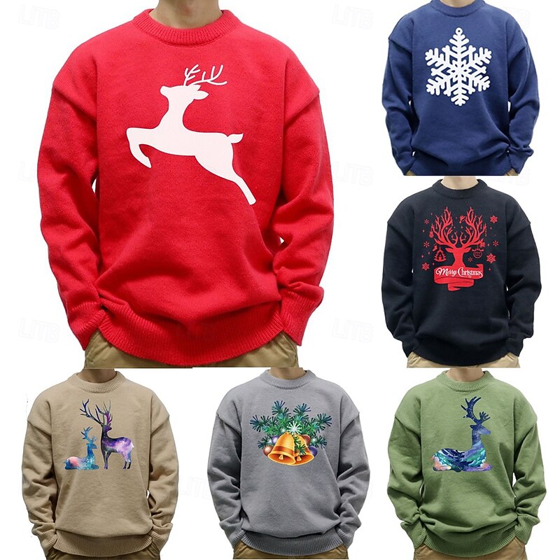 Christmas Men's Elk Christmas Bell Snowflake Pullover Sweater Jumper Knitwear Crewneck Casual Vacation Home Street 3D Print Knitting Keep Warm Long Sleeve Spring Fall Winter Black White Red