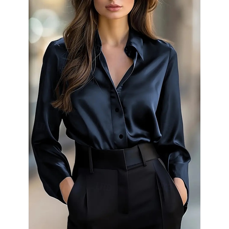 Women's Elegant Dressy Satin Blouse Plain Stylish Casual Long Sleeve V Neck Regular Tops Daily Buttons Black Wine Blue Brown Fall3