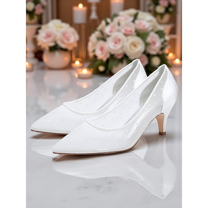 Women's White Wedding Shoes with Polka Dot Mesh and Low Heels - Elegant Bridal Pumps for Bride, Ceremony and Formal Occasions