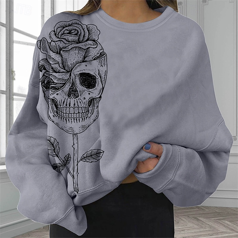 Women's Pullover Sweatshirt Graphic Skull Halloween Active Fashion Streetwear Long Sleeve Crew Neck Round Neck Regular Tops Street Dailywear Casual Print Black Beige Gray Fall Winter