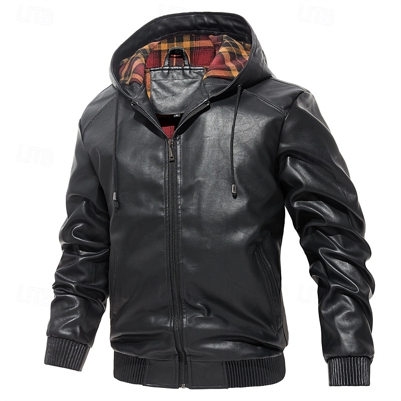 Men's Faux Leather Jacket Motorcycle Jacket Vacation Daily Windproof Warm Pocket Fall & Winter Plain Fashion Classic Hooded Regular Black Wine Brown Jacket3
