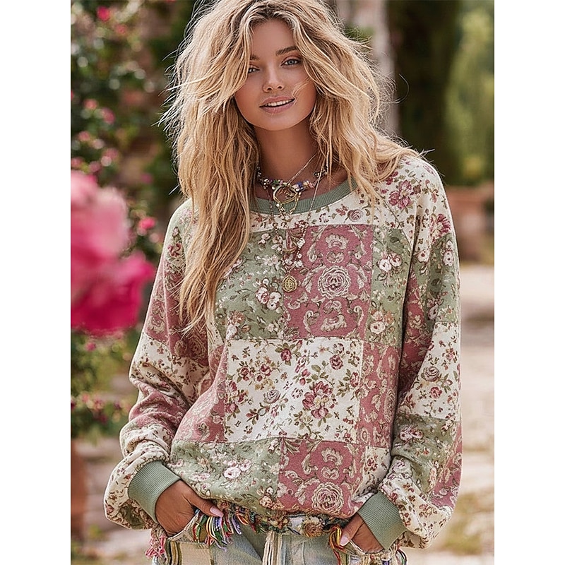 Women's Pullover Hoodies Floral Plaid Fashion Streetwear Casual Long Sleeve Crew Neck Hooded Regular Tops Dailywear Casual Drawstring Print Pink Spring Fall3