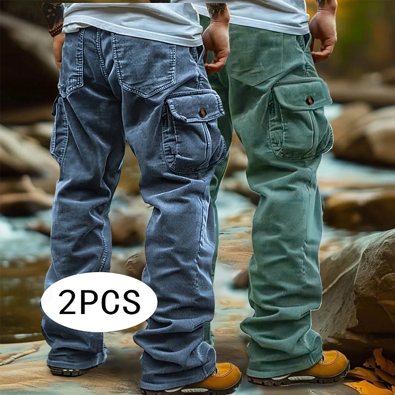 Men's Cargo Pants Cargo Trousers Corduroy Pants Baggy Pants Casual Pants Elastic Waist Multi Pocket Straight Leg Plain Comfort Breathable Full Length Outdoor Casual Daily Vacation Fashion Brown+Black