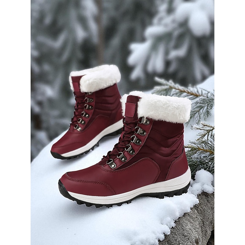 Women's Burgundy Waterproof Winter Snow Boots with Faux Fur Lining, Lace-Up Outdoor Hiking Warm Ankle Shoes for Cold Weather2