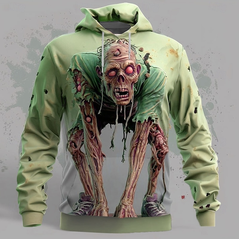 Halloween Men's Zombies 3D Hoodie Sweatshirt Punk Exaggerated Long Sleeve Crew Neck Club Streetwear Light Green Blue Drawstring Fall Winter Designer2