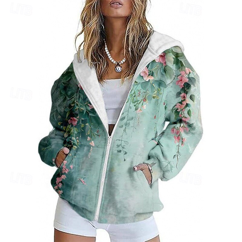 Women's Casual Jacket Comfortable Pocket Print Sports Fashion Outdoor Flower Casual Daily Weekend Zipper Regular Hooded Regular Fit Long Sleeve Outerwear Blue Green Dark Gray Spring Fall2