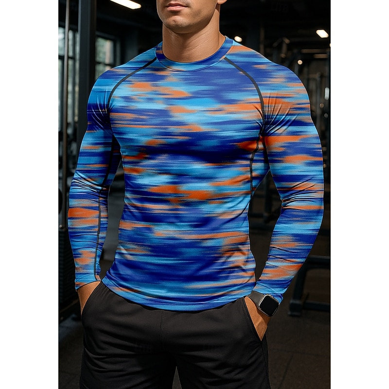 Men's Compression Shirt Running Shirt 3D Print Long Sleeve Base Layer Color Gradient Quick Dry Compression Power Flex Moisture Wicking Gym Workout Active Training Exercise Sportswear Activewear Blue