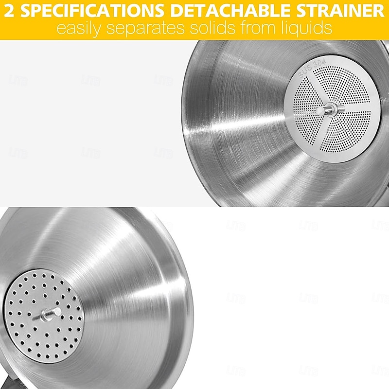Stainless Steel Kitchen Funnel with 2 Detachable Strainers Multi-Use Premium Metal Food Grade Cooking Funnels with 2 Removable Strainer Filter for Transferring Liquid or Dry ingredients Oils3