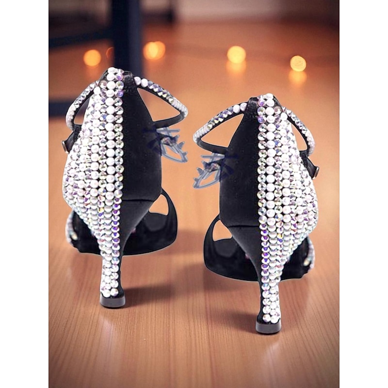 Women's Black Rhinestone Latin Dance Sandals - Strappy Glitter Professional Ballroom Shoes with Ankle Strap and Mid Heels for Salsa, Tango and Performance4