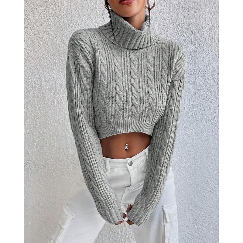 Women's Sweater Fashion Casual Pure Color Ribbed Turtleneck Knitted Long Sleeve Crop Tops Knit Outdoor Daily Weekend Gray Fall Winter