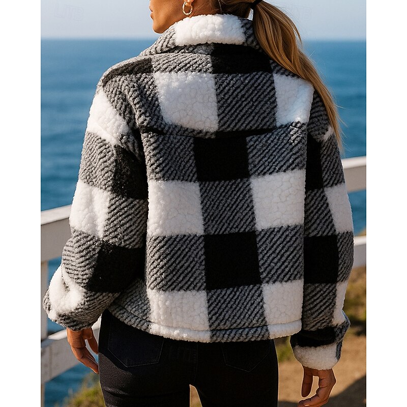 Women's Winter Coat Polar Fleece Jacket Buttons Long Sleeve Top Athleisure Plaid Checkered Warm Outdoor Travel Sports Sportswear Activewear Black Khaki2